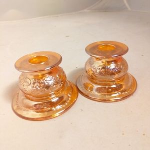 Pair Federal Glass Normandie Plate Marigold Iridescent Depression Candleholder
